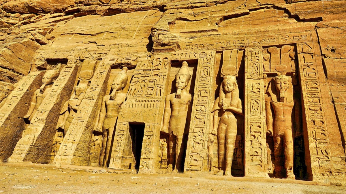 Abu Simbel temple interior, religious artifacts and inscriptions