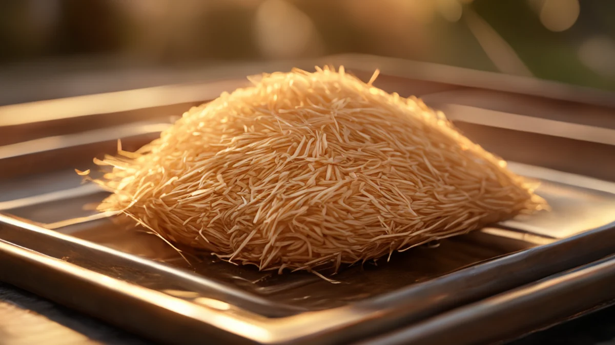 Une tige de riz, couleur brune claire, texture fibreuse, reposant sur un support en métal, golden hour, champ de profondeur faible, photoréaliste, focus aiguisé, détails élevés