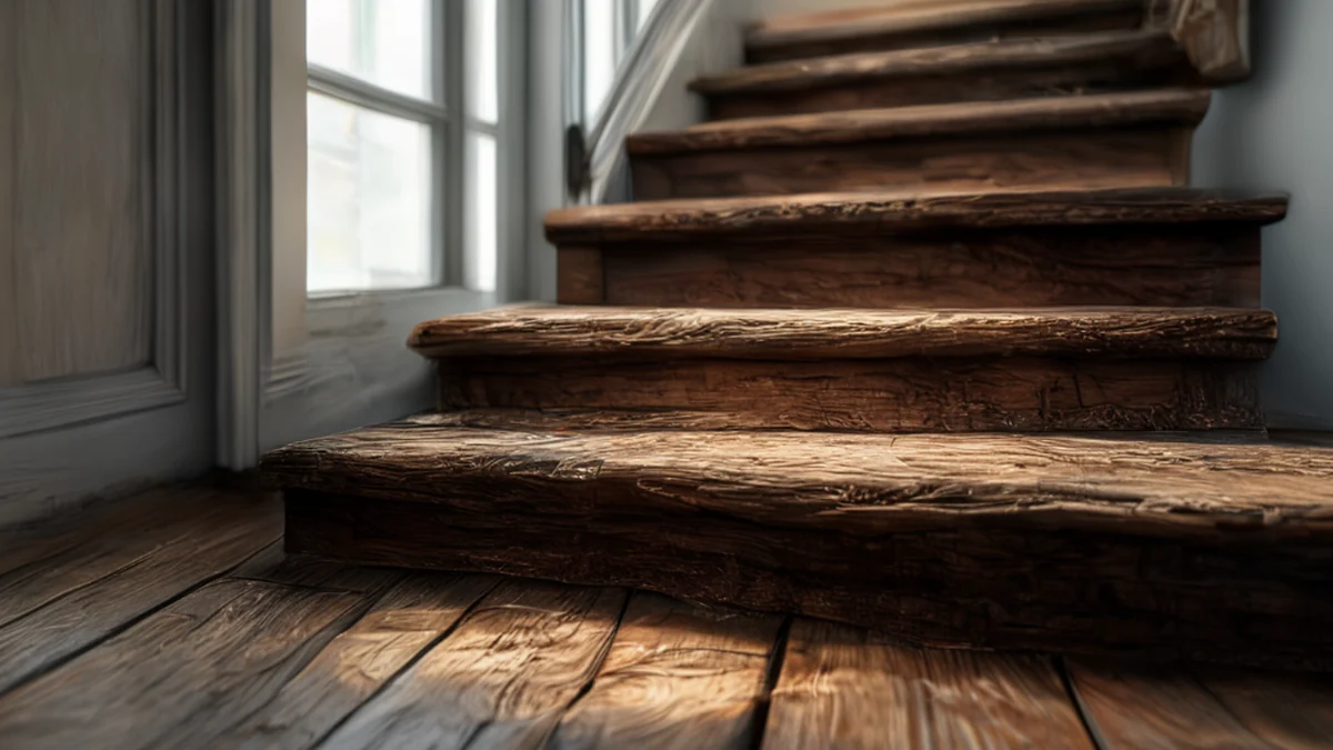 Escalera de roble desgastada con madera oscura y texturada, y escalones desgastados.