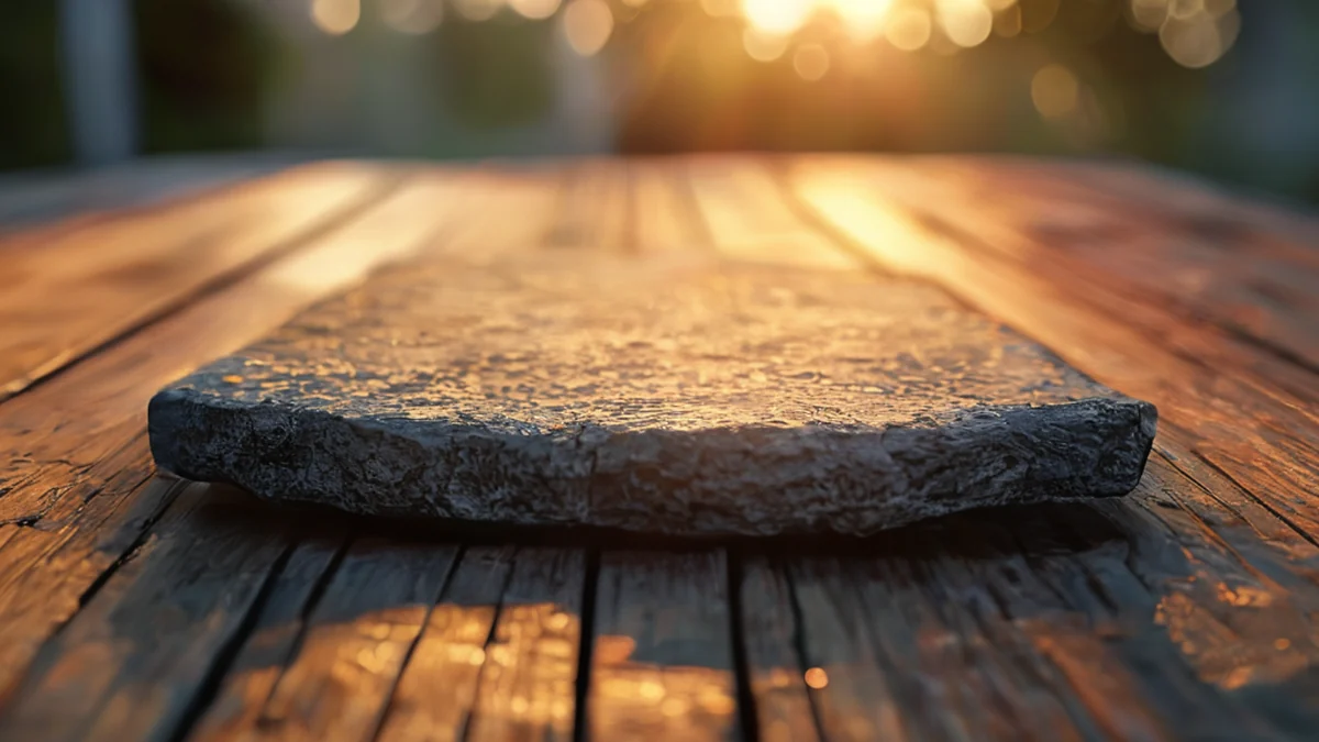 A slate edge with weathered surface, resting on a wooden table, under golden hour light, shallow depth of field, photorealistic, sharp focus, high detail