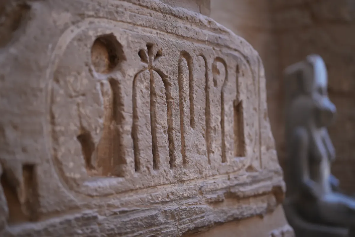 Close-up of carved hieroglyphs in Luxor, Egypt's ancient temple showcasing rich Egyptian cultural heritage.