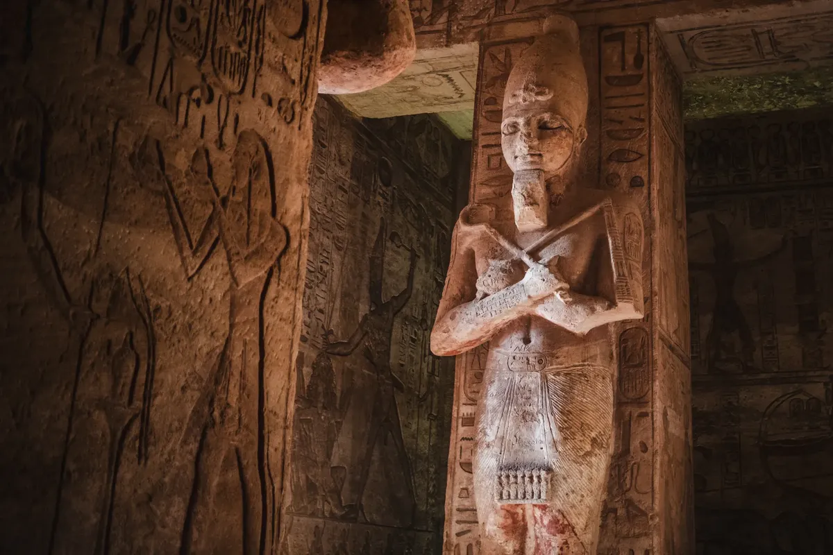 Intricate carvings and sculptures from an ancient Egyptian tomb in Giza, Egypt.